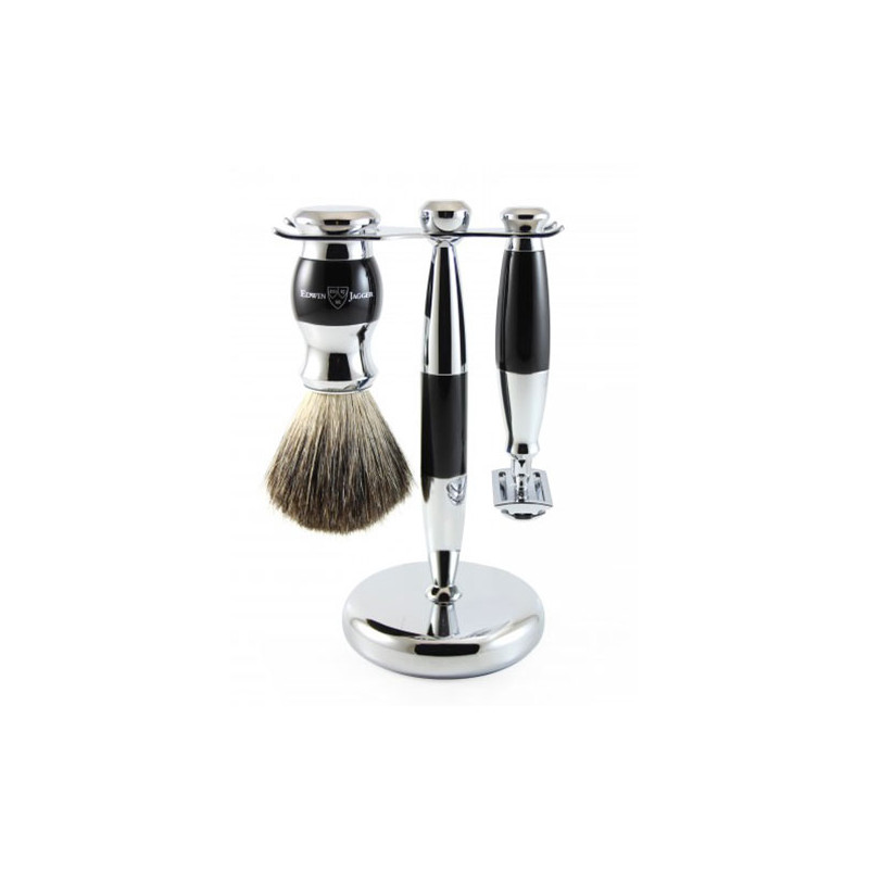 Edwin Jagger 3pc Set Ebony Double Edge rasoir de sécurité, Brosse à raser & Stand